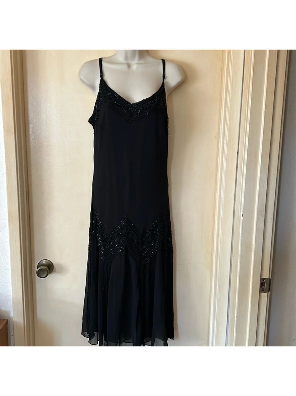 J Kara beaded 1920’s art deco  black chiffon dress size 12